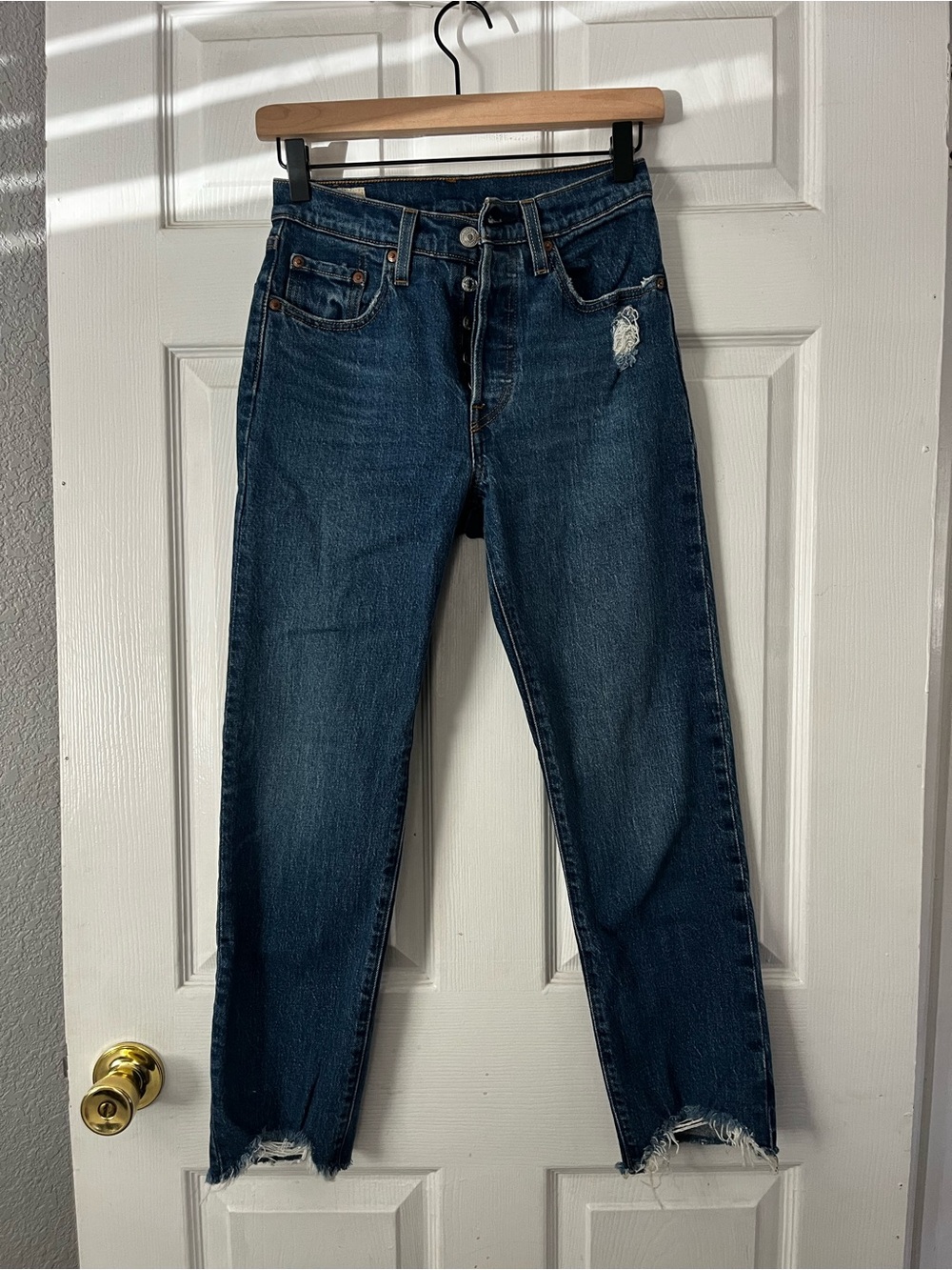 Levi's Dark Blue Straight Leg Jeans with Frayed Hem